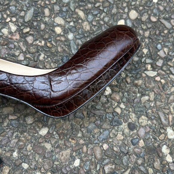 Ann Taylor Brown Embossed Croc Leather Platform Round Toe Heels Size 8.5 Medium - Picture 8 of 12